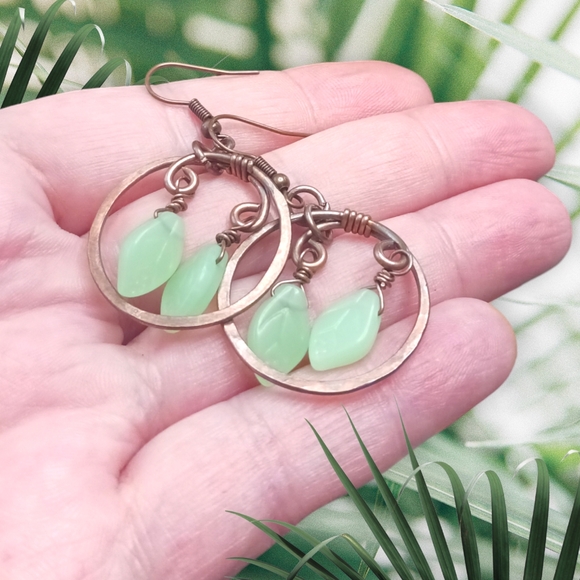 Artisan Earrings Wire Wrap Hammered Hoops with Pale Green Czech Glass Leaves - Picture 3 of 5